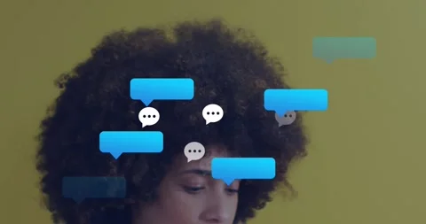 Animation of message icons and speech bubbles over close up of a african Stock Footage 330254872