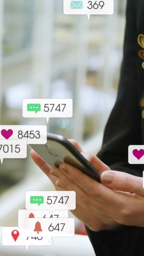 Animation of message icons with changing numbers over midsection of caucasian Stock Footage 344803092