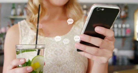 Animation of message icons floating over mid section of caucasian woman using Stock Footage 328251559