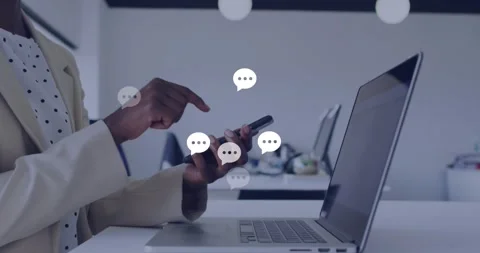 Animation of message icons over mid section of a african american woman using Stock Footage 328408256