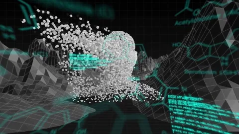 Animation of metaverse and diverse data processing over human model on black Stock Footage 328640913