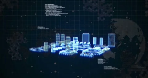 Animation of metaverse city and data processing over globe on black background Stock Footage 327641276