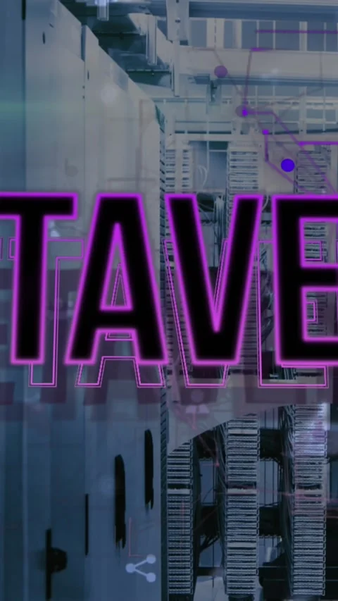 Animation of metaverse text, icons over connected dots on data server systems in Stock Footage 344706549