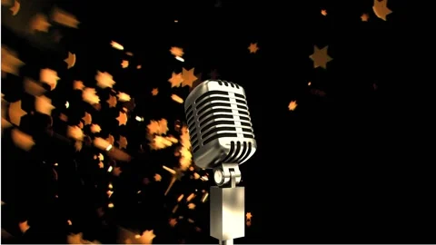 Animation of microphone over golden star icons falling against black background Stock Footage 328934720