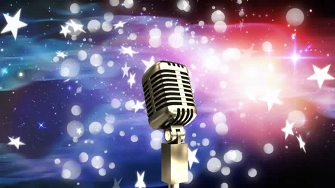 Animation of microphone over white spots and star icons falling against space Stock Footage 329128320