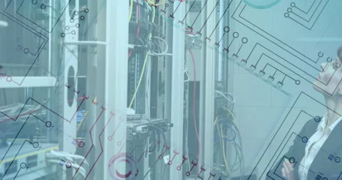 Animation of microprocessor blueprint over caucasian woman working in server Stock Footage 147869231