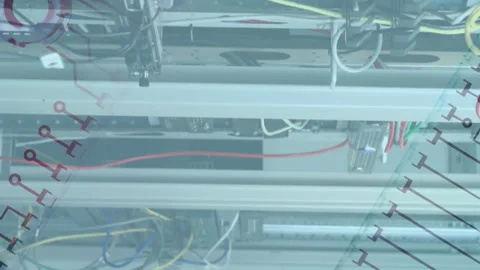 Animation of microprocessor blueprint over caucasian woman working in server Stockbeeldmateriaal 312533103