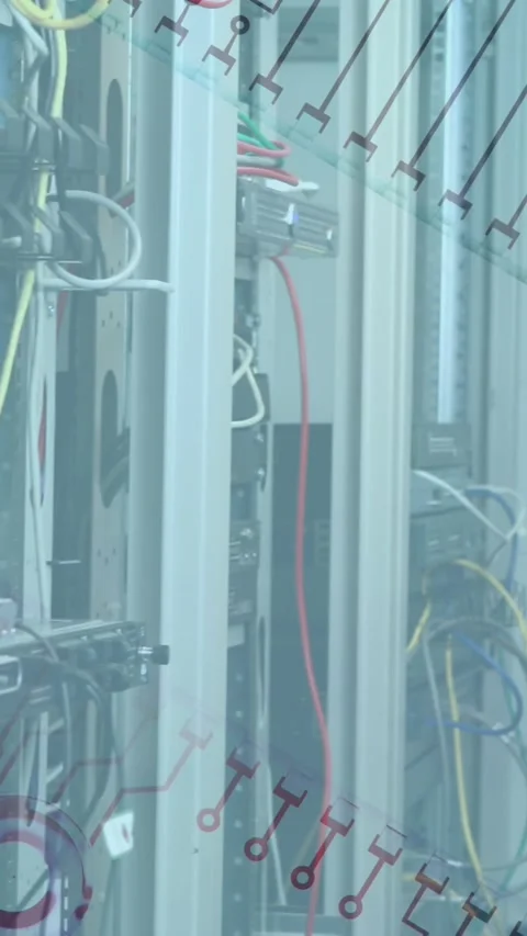 Animation of microprocessor blueprint over caucasian woman working in server Stockbeeldmateriaal 323682213