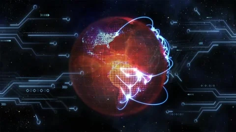 Animation of microprocessor connections against blue light trails over spinning Vídeo Stock 242093538