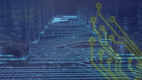Animation of microprocessor connections against close up of motherboard against Stock Footage 221875382