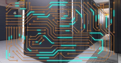 Animation of microprocessor connections against computer server room Stock Footage 247541236