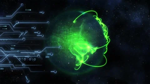 Animation of microprocessor connections against green light trails over spinning Stock Footage 242093541