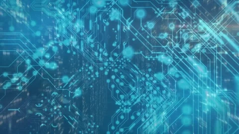 Animation of microprocessor connections against screens of mosaic squares on Video stock 242492774