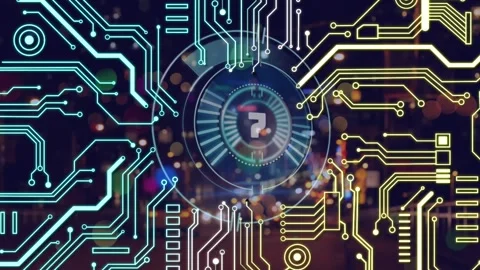 Animation of microprocessor connections and countdown over round scanner against Vídeo Stock 329169012