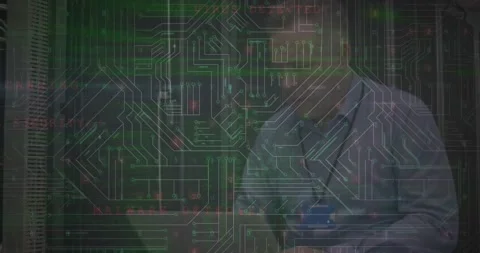Animation of microprocessor connections and data processing over caucasian male Stockbeeldmateriaal 203882997