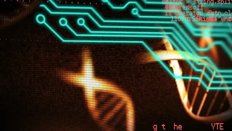 Animation of microprocessor connections and data processing against spinning dna Vídeo Stock 205597097