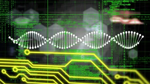 Animation of microprocessor connections and data processing against spinning dna Vídeo Stock 329166221