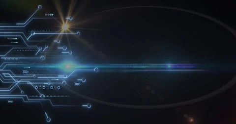 Animation of microprocessor connections and lens flare against black background Stockbeeldmateriaal 329565191