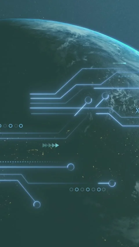 Animation of microprocessor connections and light spot against spinning globe Vídeo Stock 321381821
