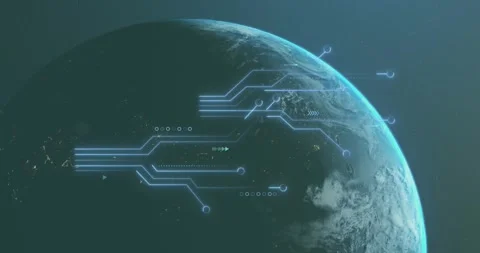 Animation of microprocessor connections and light spot against spinning globe 스톡 동영상 329850493