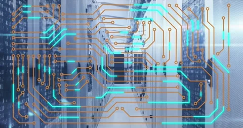 Animation of microprocessor connections and mosaic sqaures against computer Stock Footage 242093270