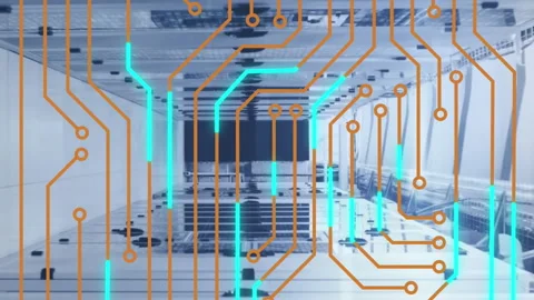 Animation of microprocessor connections and mosaic sqaures against computer Vídeo Stock 312727067