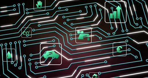 Animation of microprocessor connections and multiple digital icons against grey Vídeo Stock 241715319