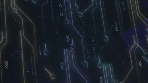 Animation of microprocessor connections and network of connections against black Stock Footage 313088566