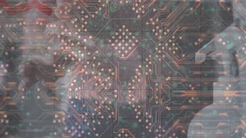 Animation of microprocessor connections and red graphs moving over close of hand Stockbeeldmateriaal 203872106