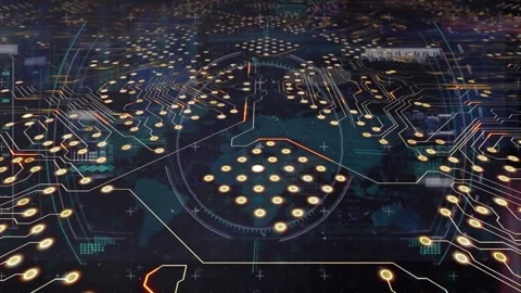 Animation of microprocessor connections and scope scanning over world map and Stock Footage 221008144