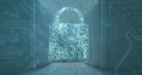 Animation of microprocessor connections forming padlock icon against view of Video stock 250541579