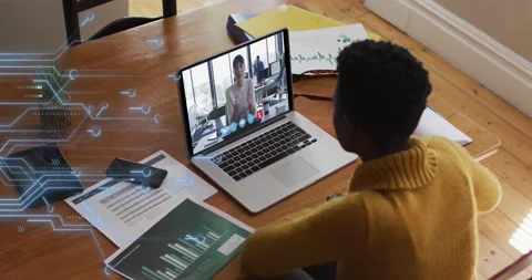 Animation of microprocessor connections over african american woman having a Vídeo Stock 205597550