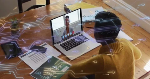 Animation of microprocessor connections over african american woman having a Stock Footage 205597553
