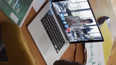 Animation of microprocessor connections over african american woman having a 스톡 동영상 313445151