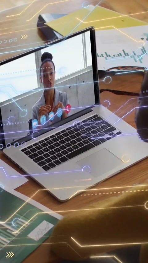 Animation of microprocessor connections over african american woman having a 動画素材 343779089