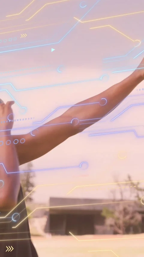 Animation of microprocessor connections over african american male athlete Stock Footage 343902311