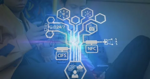 Animation of microprocessor connections over businessman and businesswoman using 库存影片 328974426