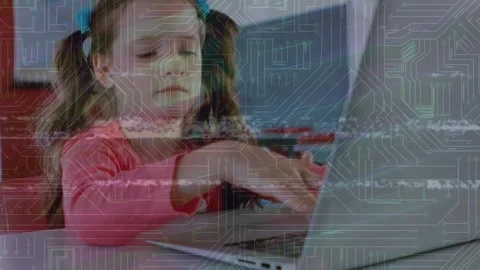 Animation of microprocessor connections over caucasian girl using laptop in Vídeo Stock 202074711