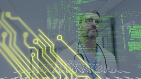 Animation of microprocessor connections over caucasian male doctor walking in Vídeo Stock 203870298