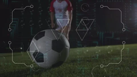 Animation of microprocessor connections over caucasian male soccer player Stockbeeldmateriaal 327195705