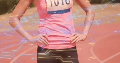 Animation of microprocessor connections over caucasian female athlete smiling on Stockbeeldmateriaal 330175151