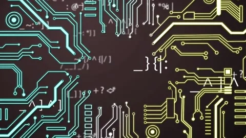 Animation of microprocessor connections over changing symbols against grey Vídeo Stock 203867185
