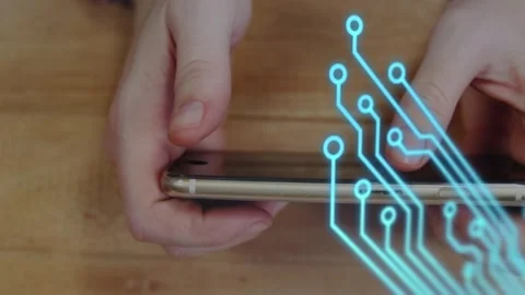 Animation of microprocessor connections over close of hands using smartphone 스톡 동영상 327270849