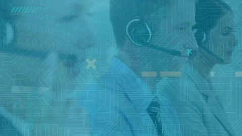 Animation of microprocessor connections over colleagues wearing phone headset 스톡 동영상 328523412