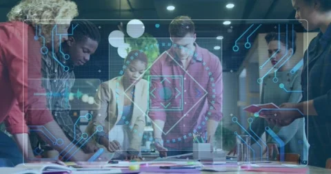 Animation of microprocessor connections over diverse colleagues discussing over Vídeo Stock 330114395