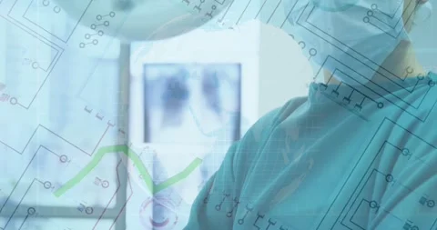 Animation of microprocessor connections over female surgeon in operation theatre Vídeo Stock 327958063