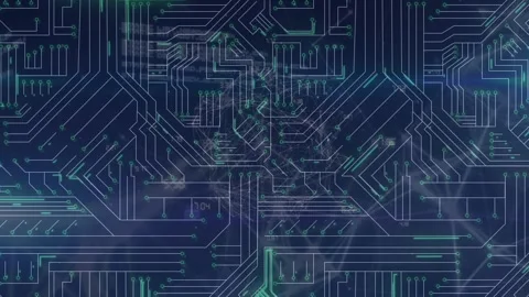 Animation of microprocessor connections over globe of network of connections 库存影片 327445874