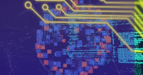 Animation of microprocessor connections over globe of digital icons and data Stockbeeldmateriaal 327592602