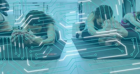 Animation of microprocessor connections over group of diverse fit women Vídeo Stock 203882136