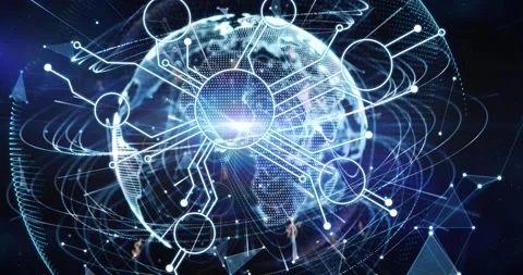 Animation of microprocessor connections over light trails and globe against Vídeo Stock 202073393